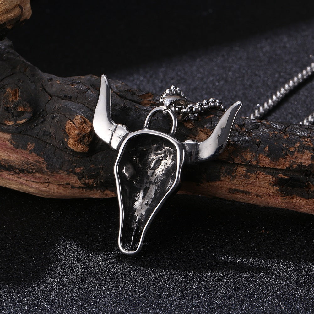 Dima Retro Bull Head Titanium Steel Pendant Horn Necklace